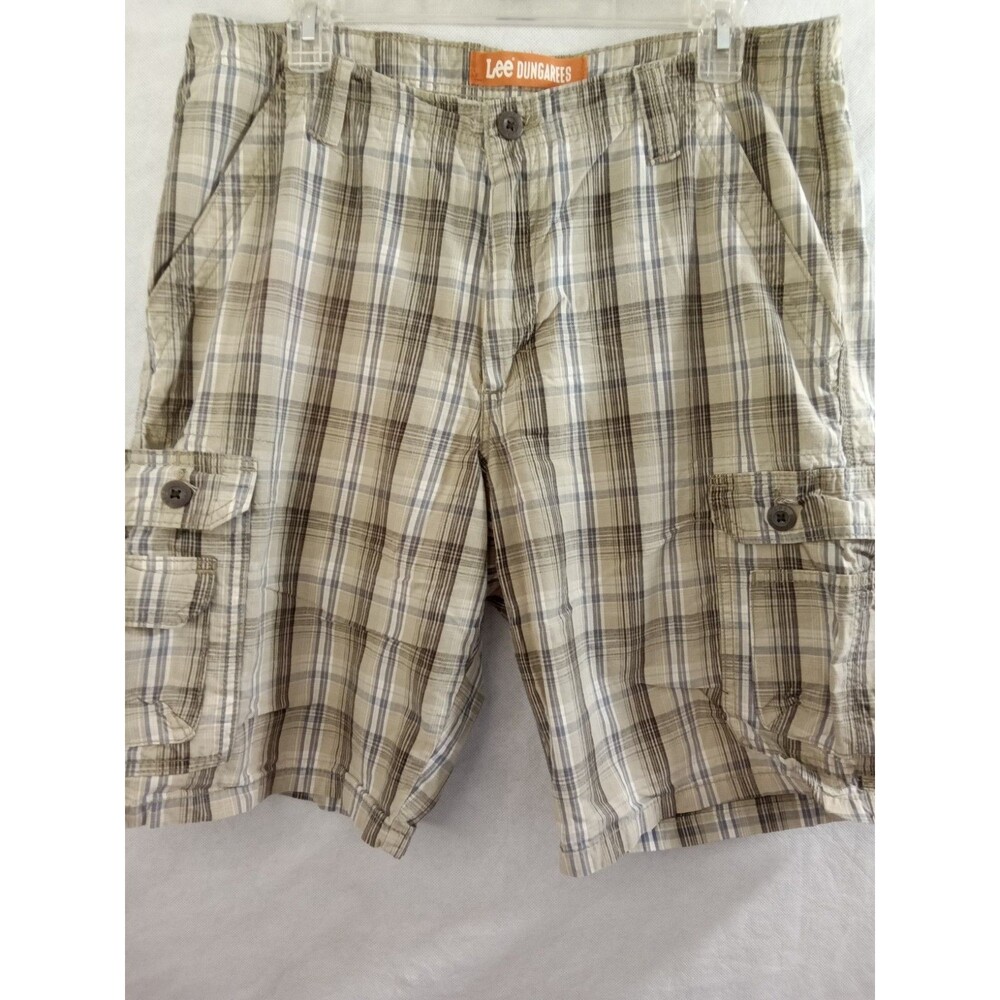 Lee Dungarees Cargo Shorts Mens 33‎ Khaki Blue White Plaid